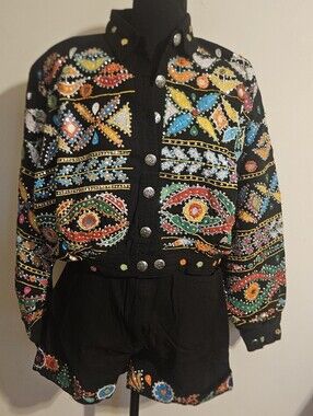 Vintage 80s Western Cowgirl Festival Beaded Rhinestone Jacket & Shorts Set Black